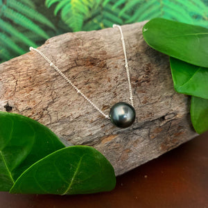 Tahitian Pearl Necklace , Sliding Pearl with Satellite Chain , Sterling Silver