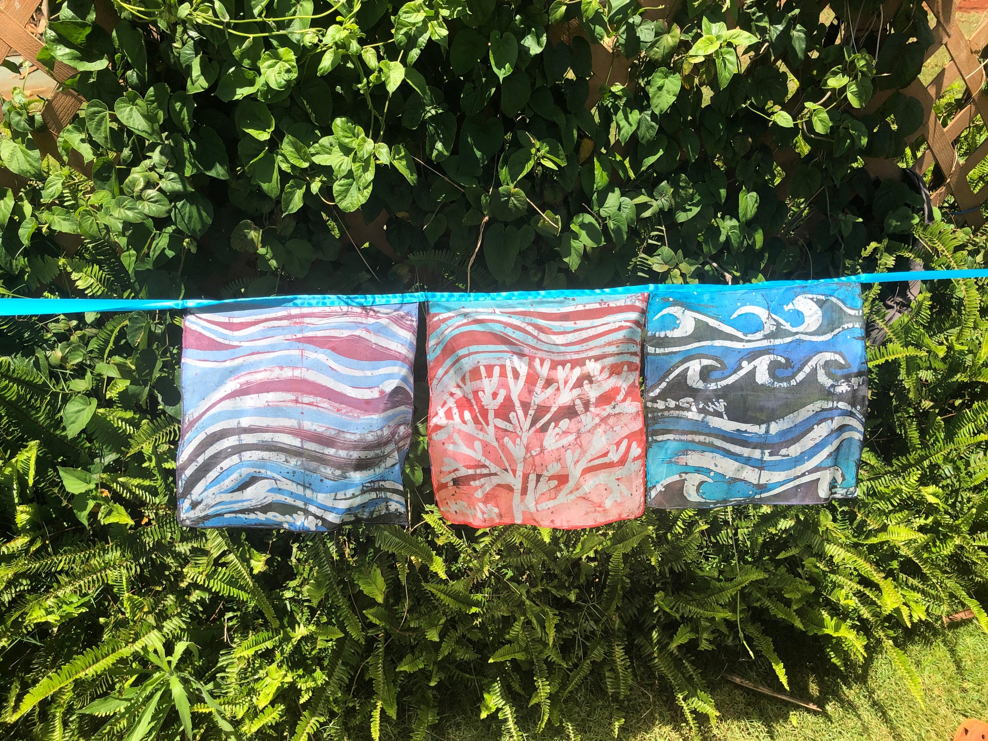 Hae Pule Aloha (Prayer Flags) - Wai (Life) - Wai (water), Kai Nalu (ocean wave), Koʻa (coral)