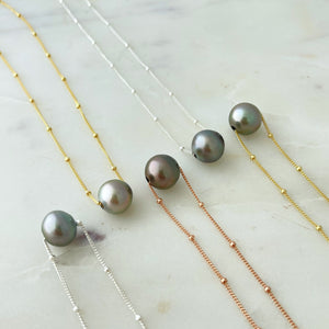 Tahitian Sliding Pearl Sterling Silver Necklace - 18" Satellite Chain